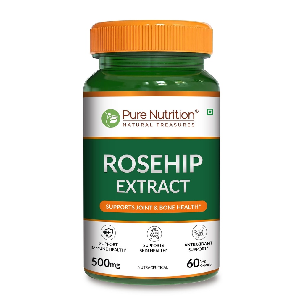 Pure Nutrition Rosehip Extract |60 Veg Capsules | 500mg per Capsule | With Naturally Derived Vitamin C | Antioxidant & Joint Support Nutraceutical Supplement