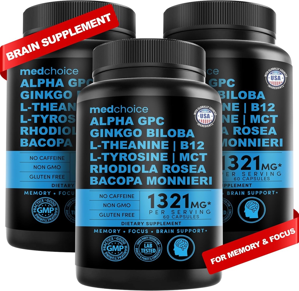12-in-1 nootroopne aju lisand veevaba: Ginkgo Biloba aju toetamiseks, mäluks ja fookuseks - B12, Alpha GPC, L Theanine ja koliin Toidulisandid bioperiiniga Kofeiinivaba 1321mg (180ct)