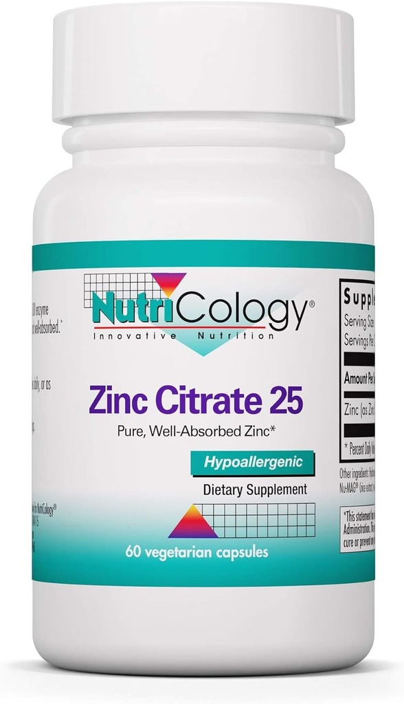 Nutricology Zinc Citrate Supplement - 25mg Zinc for Men & Women, Immune Support, Pure, Well-Absorbed, Well-Tolerated, Trace Mineral, Vegetarian Capsules - 60 Count
