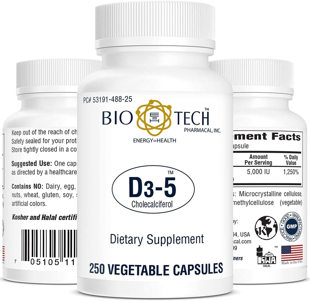 Bio-Tech farmakoloogiline D3-vitamiin (D3-5 5k RÜ, 250 Veg Count)