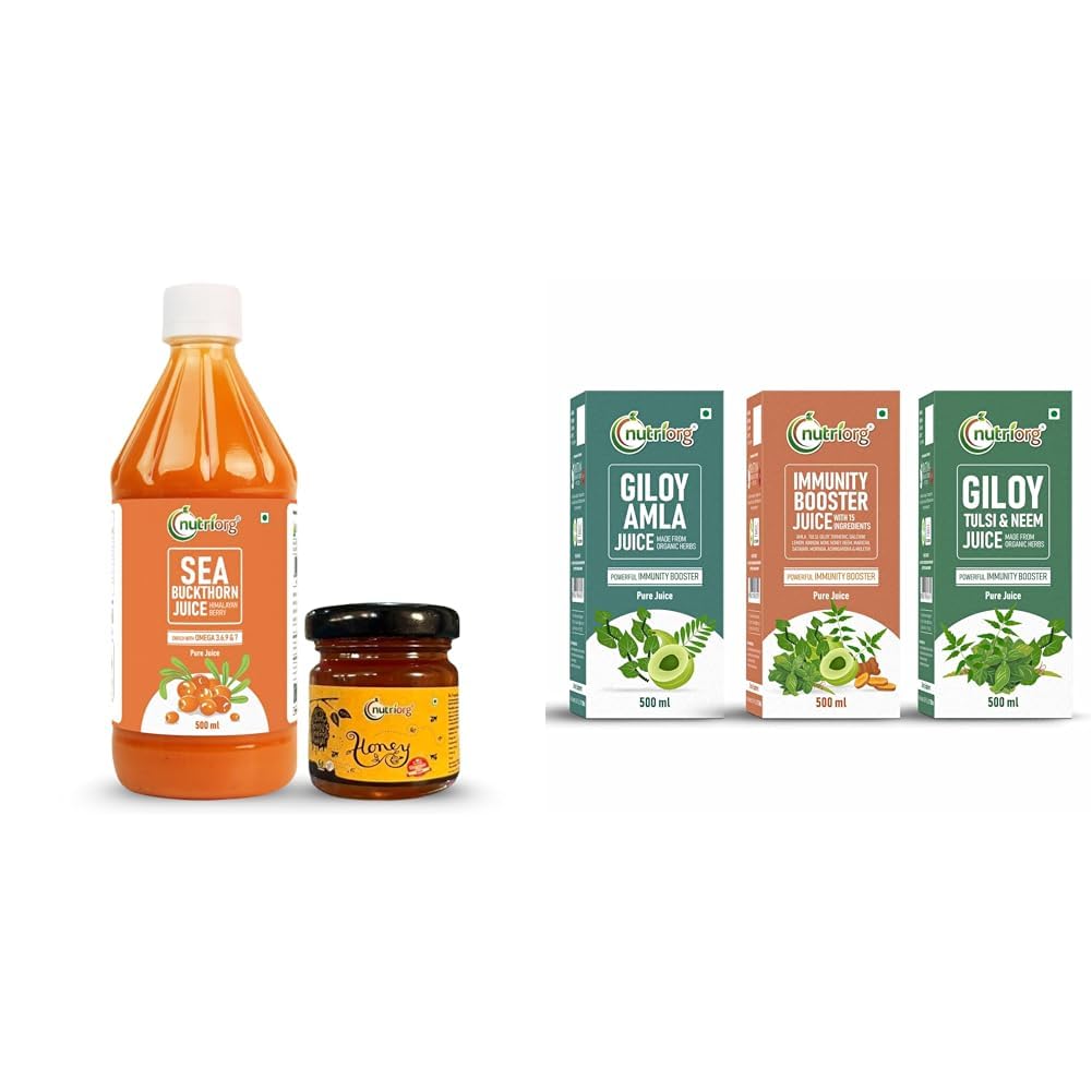 NutriOrg Pure Sea Buckthorn Juice 500 ml with 50gm honey | 100% Himalayan Berry Pulp | Omega 3,6,7 | nutriorg Immunity Booster Kit Pack (Giloy Amla Juice 500ml, Giloy Neem&Tulsi Juice 500ml & Immunit