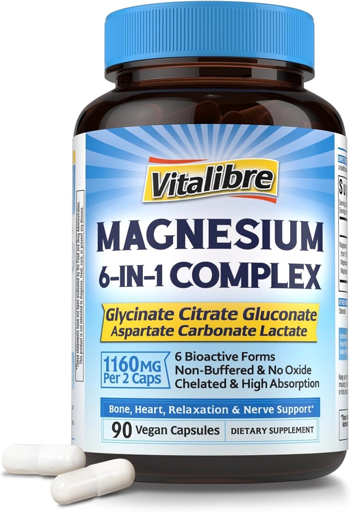 Magneesiumikompleksi 6. täiendus 1, 1160mg Kelaatmagneesium Maxi imendumiseks, abi parema une, lõõgastumise ja närvirahuga, 90 vegankapslit, mitte GMO ja gluteenivaba
