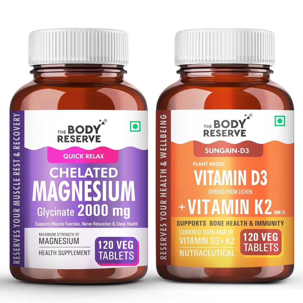 The Body Reserve Chelated Magnesium Glycinate 2000mg + Vitamin D3 K2 (MK-7) | Bone, Muscle & Sleep Support | 120 Veg Tablets Each | Combo Pack