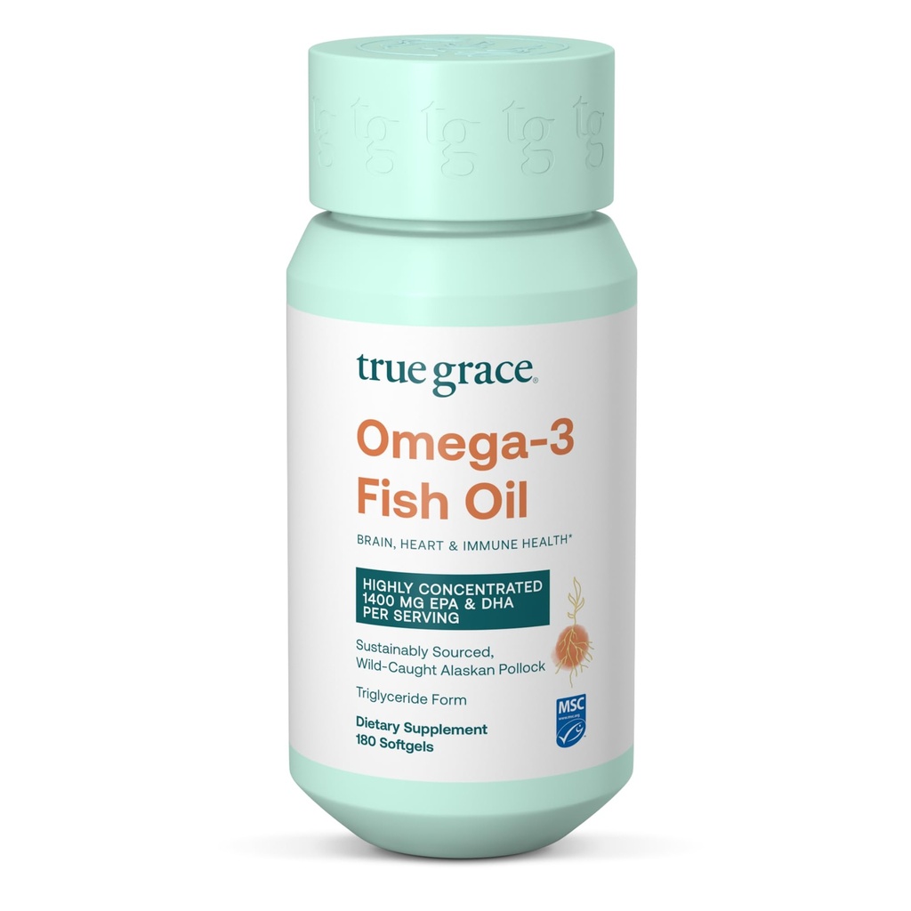 True Grace Omega-3 Fish Oil - 180 Softgels - 1400 mg EPA + DHA - Aju, süda, liigesed ja immuunsüsteem Tervis - Orgaaniline, Gluteenivaba, Sojavaba