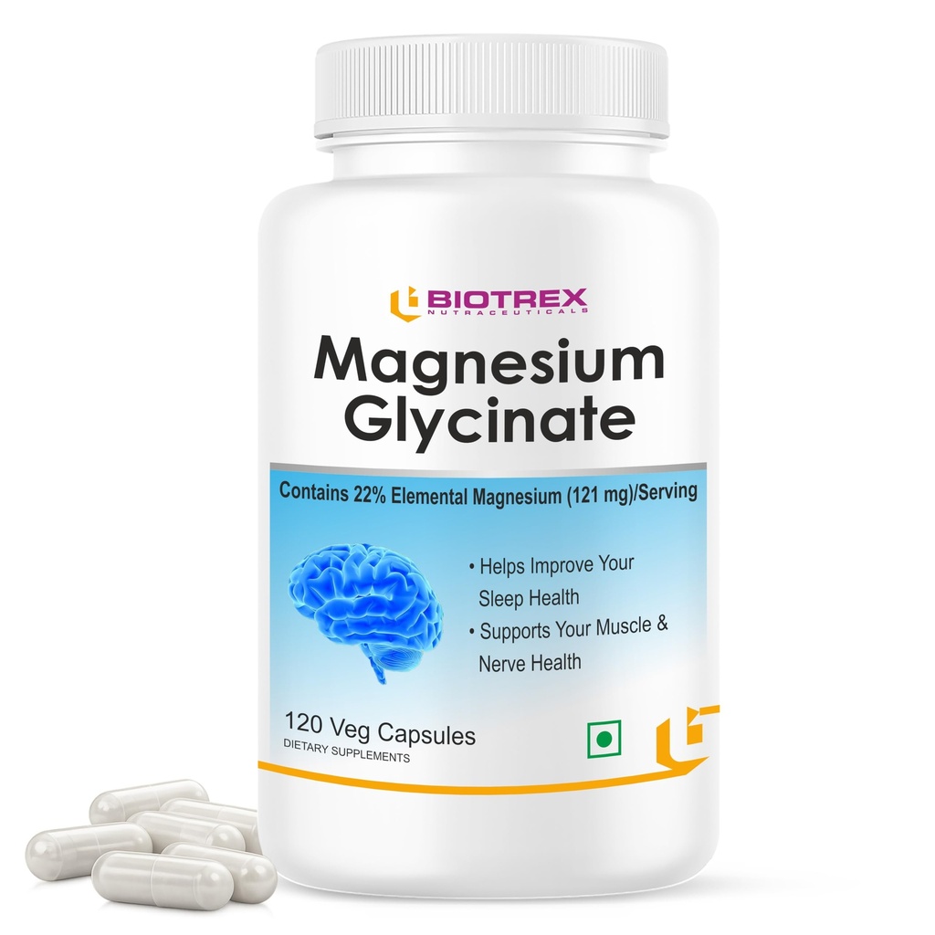 Biotrex Nutraceuticals Magnesium Glycinate | Highest Bioavailability | Cramps, Sleep & Mood balance | Chelated Form With Superior Absorption | Muscle Recovery & Nerve Function | 120 Veg Capsules