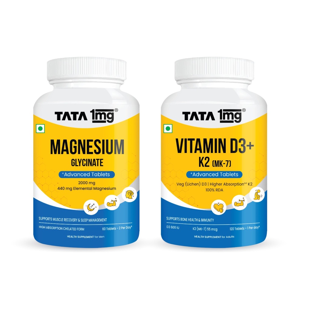 Tata 1mg Magnesium Glycinate Tablets, 60 Tablets + Tata 1mg Vitamin D3+K2, 120 Tablets
