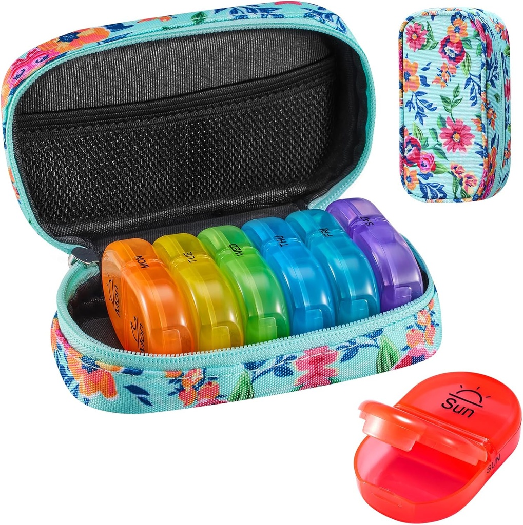 Serfeymi Weekly Travel Pill Korraldaja 2 korda päevas PM Täiustatud Vikerkaar Pill Box 7 päeva kaasaskantav Zipper Canvas Pill Case, Meditsiini Korraldaja Pillid, Vitamiinid, Kalaõlid - Roheline 01