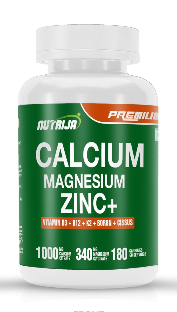 NutriJa Calcium Magnesium Zinc with Vitamin D3, Boron, K2 & B12 | Complete Bone Health & Joint Support Supplement for Men & Women (180 Capsules)