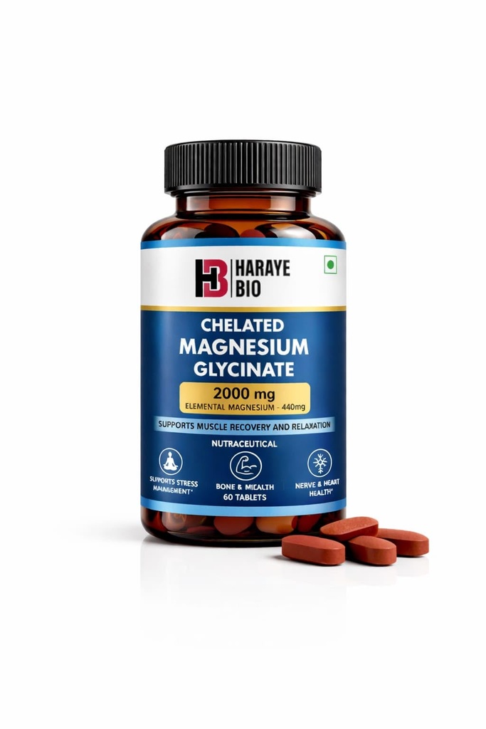 Chelated Magnesium Glycinate 2000mg | Elemental Magnesium Supplement for Muscle Recovery, Stress Relief, Bone & Nerve Health | High Absorption Nutraceutical Tablets | 60 Tablets (Pack Of 1)
