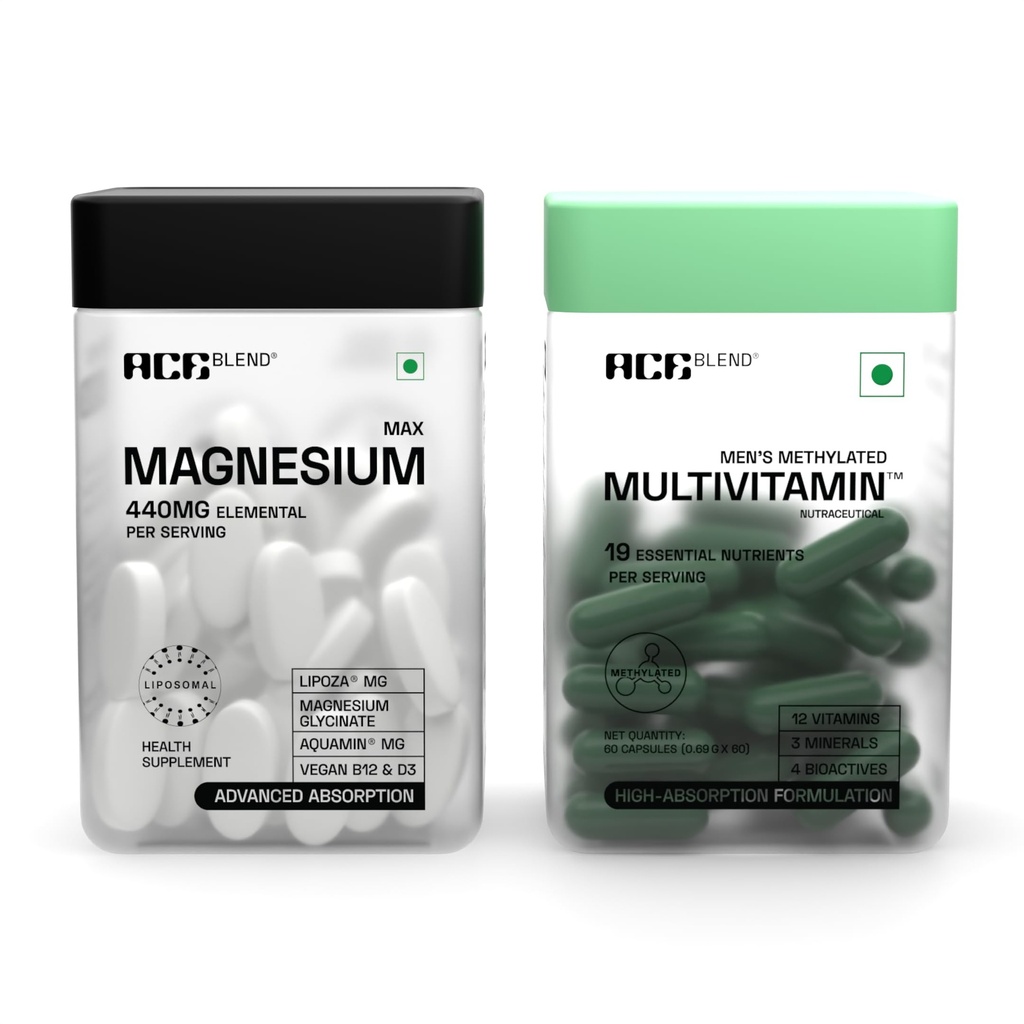 Ace Blend Max Magnesium Glycinate + Multivitamin For Men | 1600mg Triple Complex, 440mg Elemental Magnesium | Methylated Multivitamin | Promotes Deep Sleep, Supports Immunity, & Heart Health (60 Tabs)