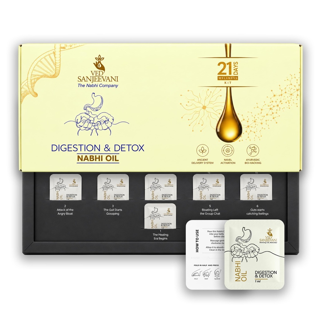 Ved Sanjeevani 21 Days Wellness Kit | Digestion & Detox Nabhi Oil | Ayurvedic Belly Button Oil for Bloating, Gas, Acidity & Gut Health | Inspired by 72,000 Nadi Navel Therapy (21 days sachet)