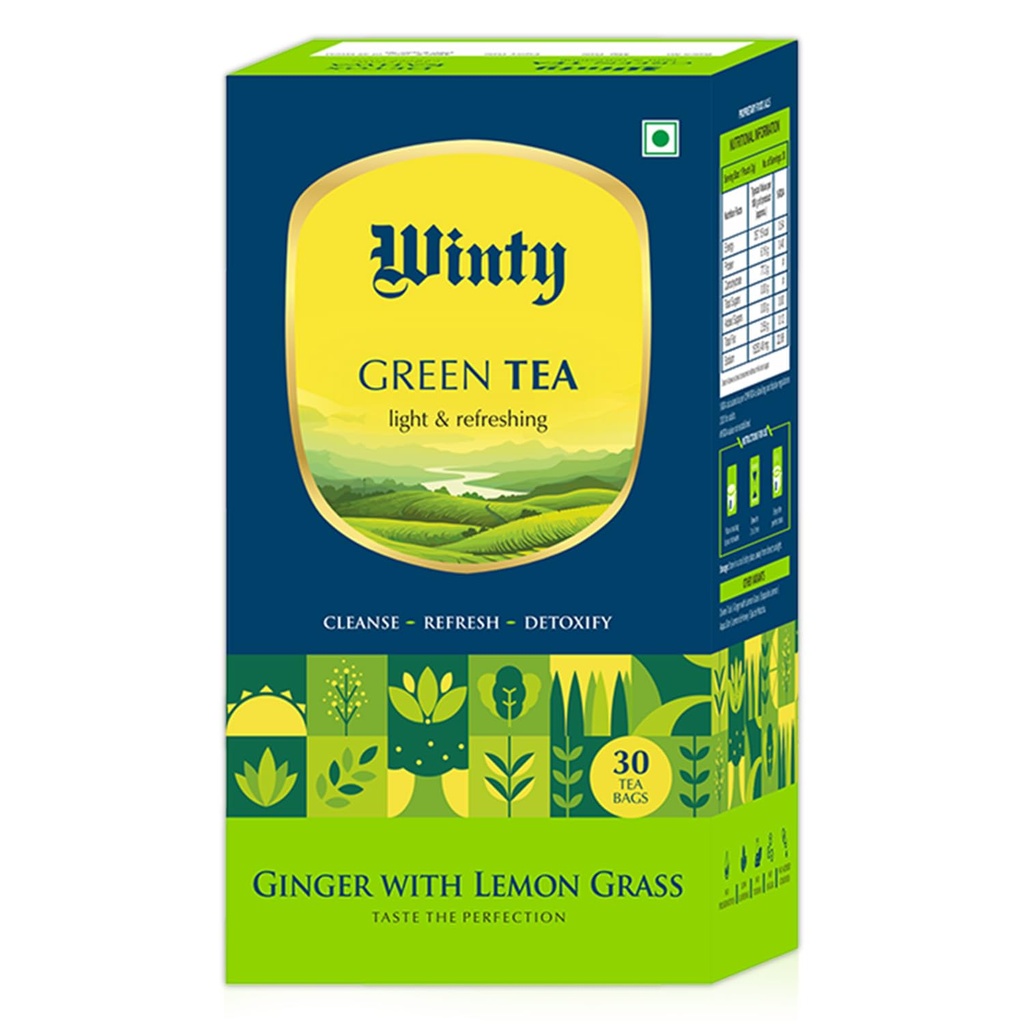 Winty Ginger Lemongrass Green Tea 30 Tea Bags | Wellness Brew | Rich in Antioxidants | Aromatic Blend | Herbal Tea for Natural Detox