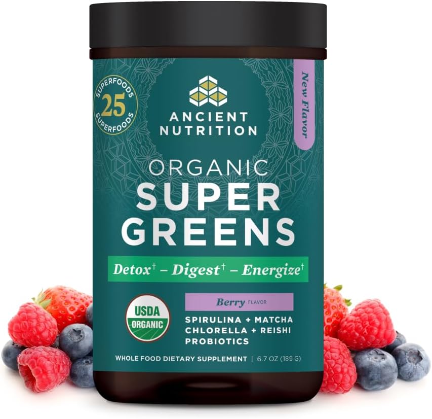 Ancient Nutrition SuperGreens Pulber probiootikumidega, Orgaaniline marjamaitse rohelised, valmistatud tõelistest puuviljadest, köögiviljadest ja maitsetaimedest, seedetraktist ja energiatoetusest, 25 serveerimist, 6,7oz
