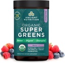 Ancient Nutrition SuperGreens Pulber probiootikumidega, Orgaaniline marjamaitse rohelised, valmistatud tõelistest puuviljadest, köögiviljadest ja maitsetaimedest, seedetraktist ja energiatoetusest, 25 serveerimist, 6,7oz