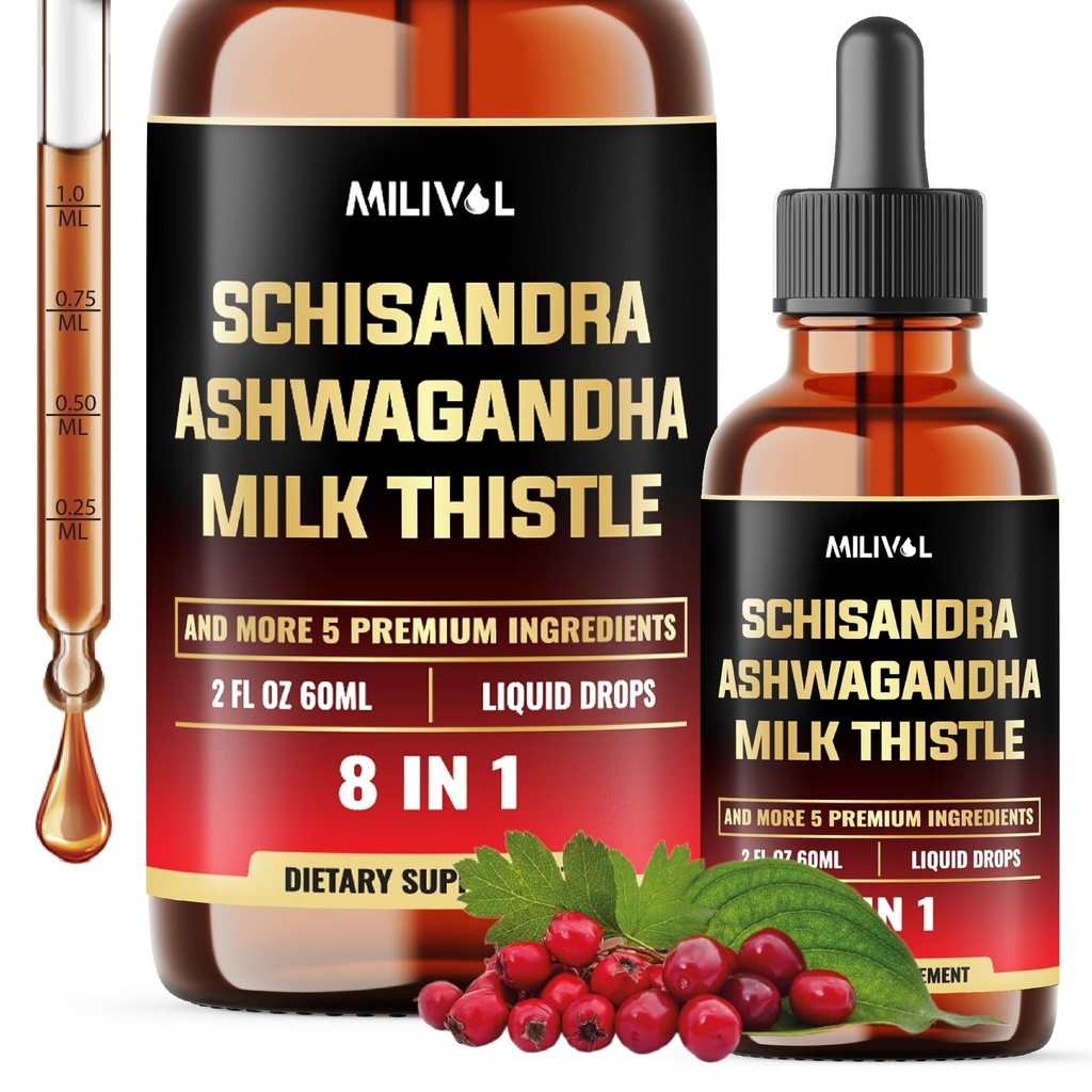 8in1 Schisandra Berry tilgad piimaohakas, Ashwagandha, Rhodiola Rosea, Püha basiilik, artišokk, Dandelion Root & Turmeric Curcumin - 2 Fl Oz 2 kuu tarne