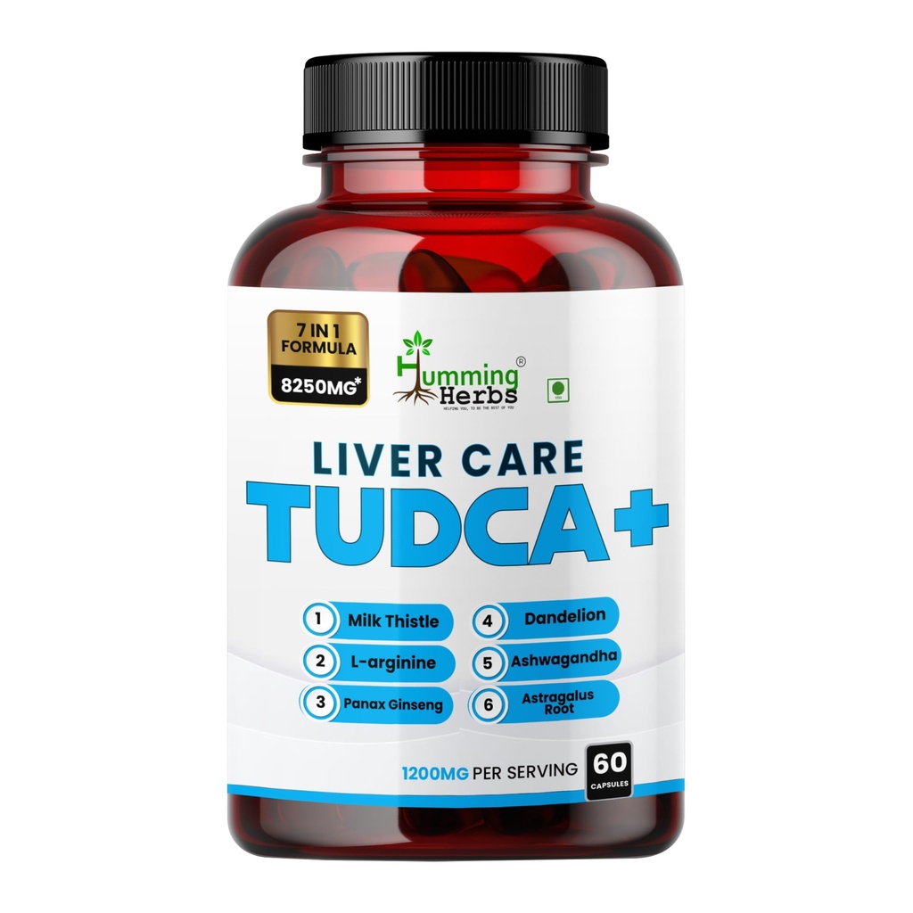 Humming Herbs Liver Care TUDCA+ | Milk Thistle, Dandelion, Ashwagandha & L-Arginine for Liver Detox, Energy, Digestion, and Immune Support | 7-in-1 Formula, 1200mg, 60 Capsules