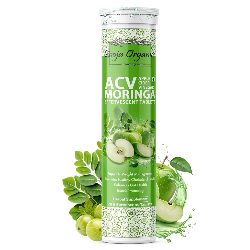 ACV Moringa Effervescent Tablets | Apple Cider Vinegar with Moringa & Amla | Helps Control Cravings & Boost Metabolism | No Maltodextrin, No Added Sugar | Green Apple Flavour | 20 Tablets