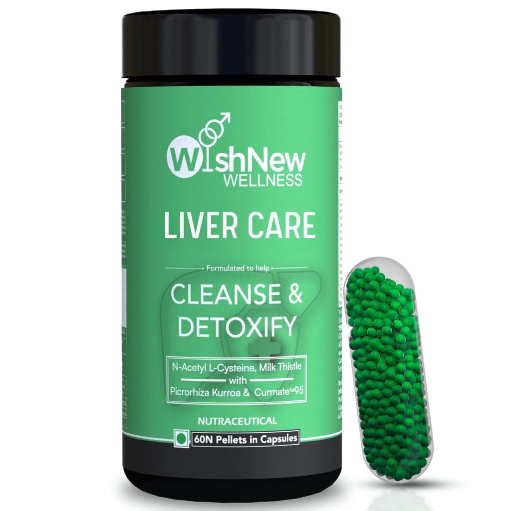 WishNew Wellness Liver Care Supplement - Detox & Support with NAC, Milk Thistle, Picrorhiza, Curmate™ 95, Vitamins E & D2, 60 Caps | Fit Health Fatty Liver Care | Suitable for Men & Women