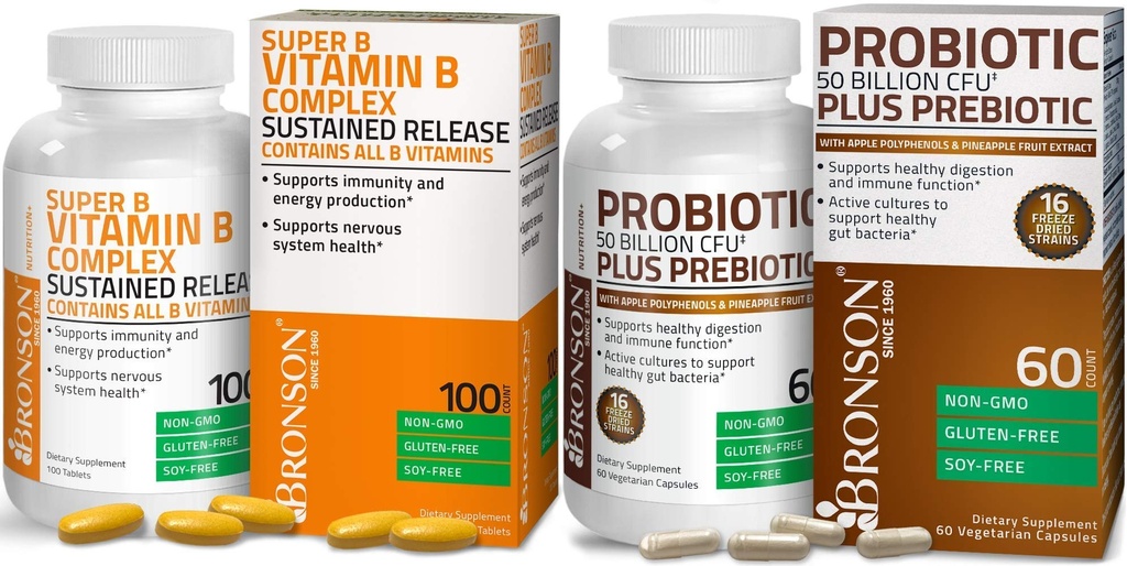 Bronson Probiootikum 50 miljardit CFU + prebiootikum koos Apple Polyphenols & Ananass Fruit Extract + B-vitamiini kompleks Püsiv vabanemine