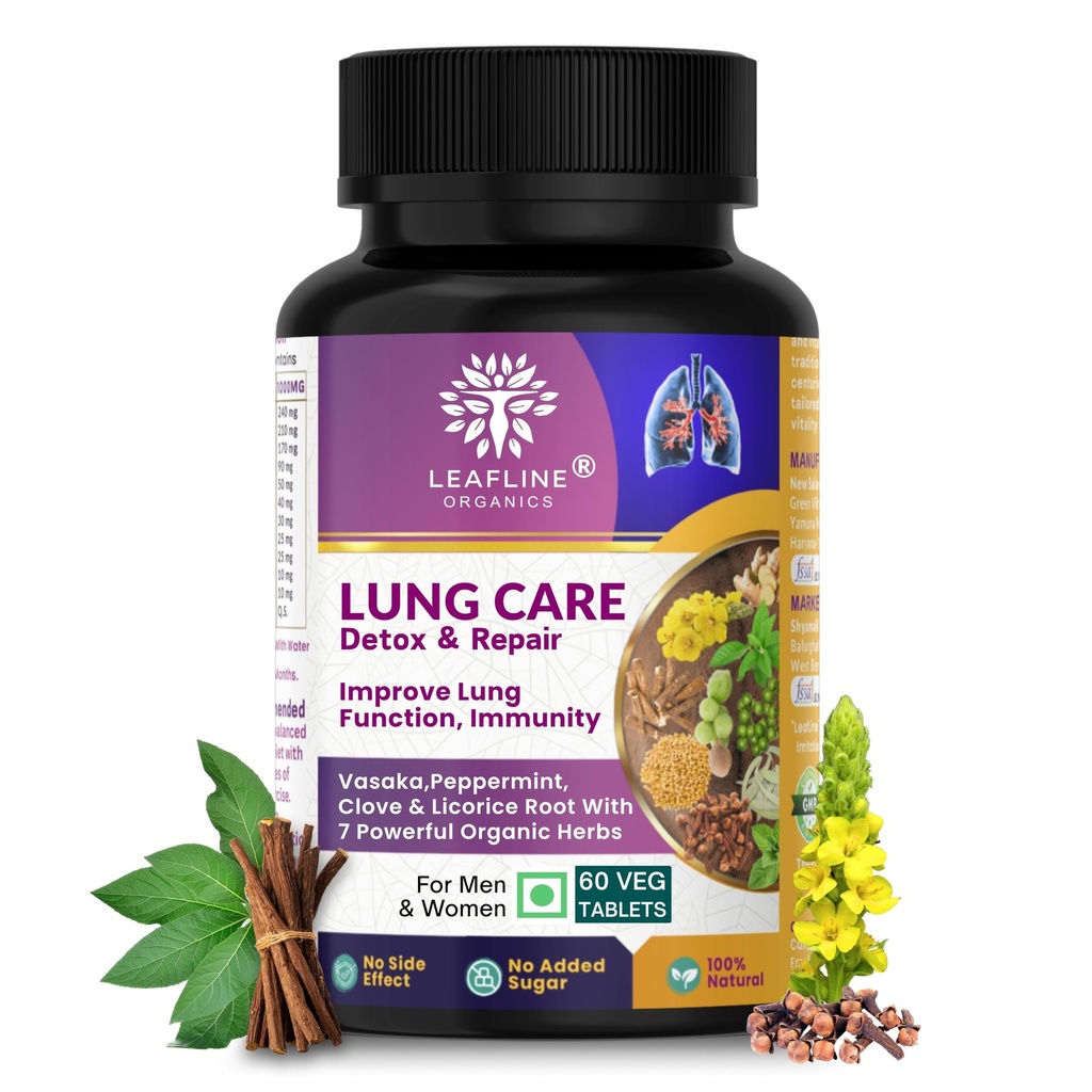 Leafline Lung Detox & Repair With Vitamin-C, Vasaka, Mullein, Tulsi | Improves lung Function, Reduce Cough | Clears Mucus, Pollution, Smoke Tar | 1000Mg 60 Veg Tablet | Advance Lung Health Supplements For Men & Women