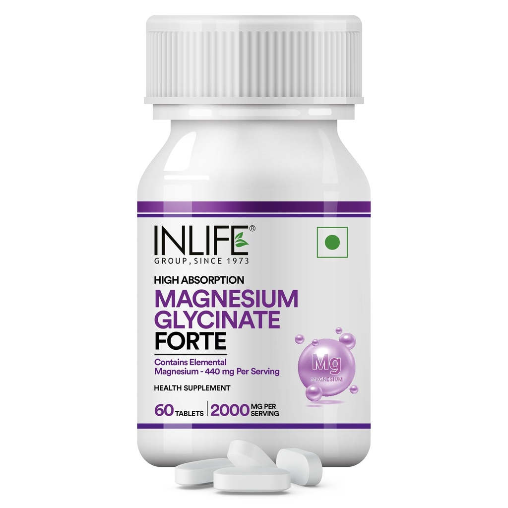 INLIFE Magnesium Glycinate Forte 2000mg, Chelated, 60 Tablets