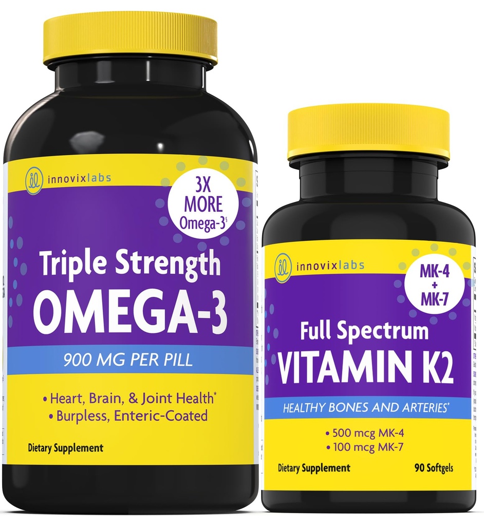InnovixLabs Vitamin K2 & Triple Omega Bundle Full Spectrum Vitamiin K2 (90 Softgels) Kolmekordne Tugevus Omega-3 Kalaõli (200 Softgels). Toetab tervislikke luid, artereid ja liigeseid. *
