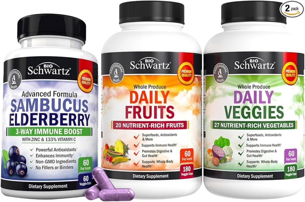 BioSchwartz igapäevane puuviljade ja köögiviljade lisand naistele ja meestele (2 kuu pakkumine) pluss Elderberry koos tsingi ja C-vitamiiniga täiskasvanutele Immune Support (2 kuu pakkumine)