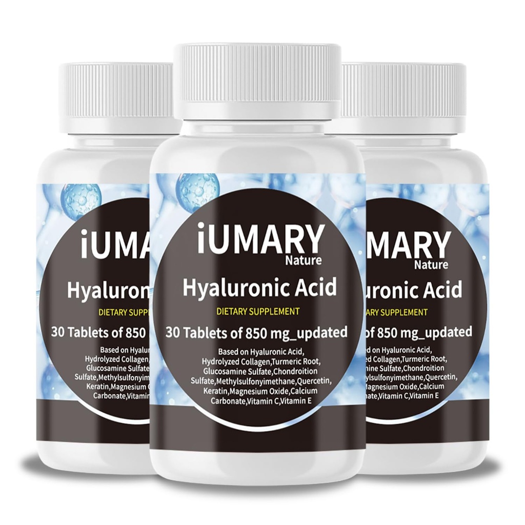 Hüaluroonhappe lisandid, 850mg kõrge biosaadavusega dieethüaluroonhape - Hüaluroonhape - Hüdrolüüsitud kollageeni, kurkumi, Glu-kosamiini, MSM-i, C-vitamiini 30 tabletti (3. pakend)