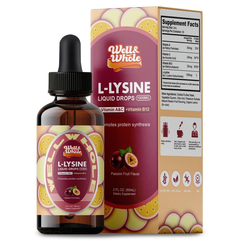 L-lüsiinilisandi Vedeliktilgad | L-lüsiin 1000mg Tinktuur A-, C- ja B12-vitamiiniga täiskasvanutele ja lastele | Immuunsüsteemi tugi, naha ja huulte tervis, kollageeni süntees | Mitte-GMO, Vegan, 2 Fl Oz (60 ML)