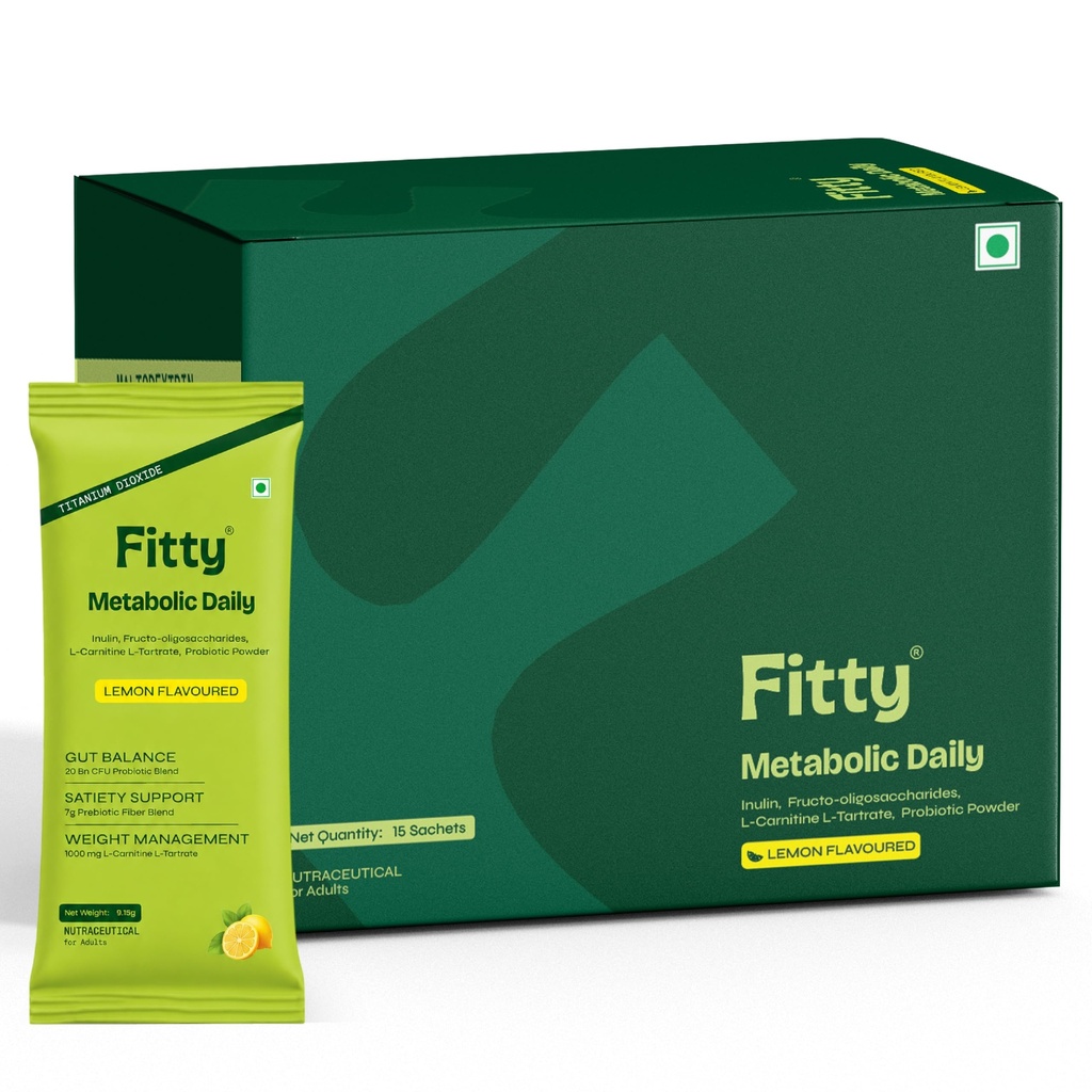 Fitty Metabolic Daily Prebiotic & Probiotic Sachets | 20 Billion CFU Synbiotic Formula with 7g Fiber Blend & 1000mg L-Carnitine | Gut Health, Digestion, Metabolism & Satiety Support | 15 Sachets