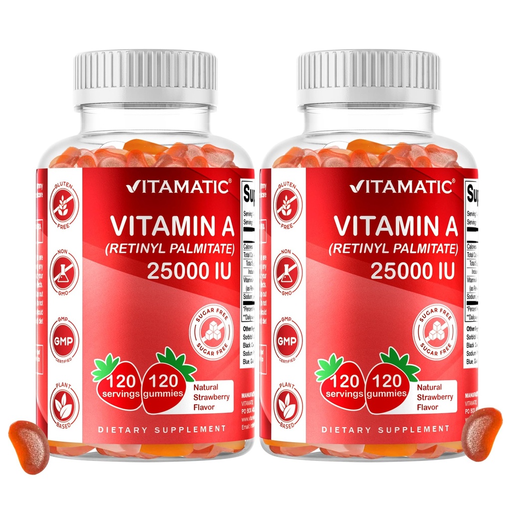 Vitamatic Sugar Free Vitamiin A 25000 IU Gummies (Retinyl Palmitate) - Natural Strawberry Maitse - 120 Pektiini baasil Gummies (2 pudelit)