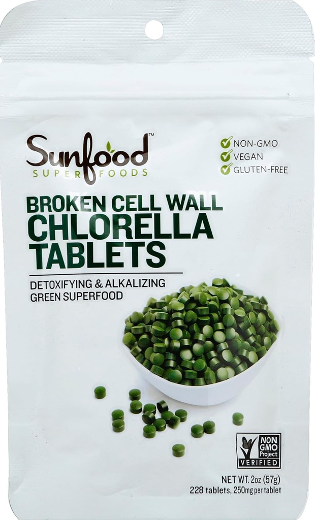 Sunfood Superfoods Chlorella Tablets - Chlorophyll, Chlorella Supplement, Chlorophyll Pills, Broken Cell Wall Algae Capsules, Non GMO, Vegan - 2 oz Bag