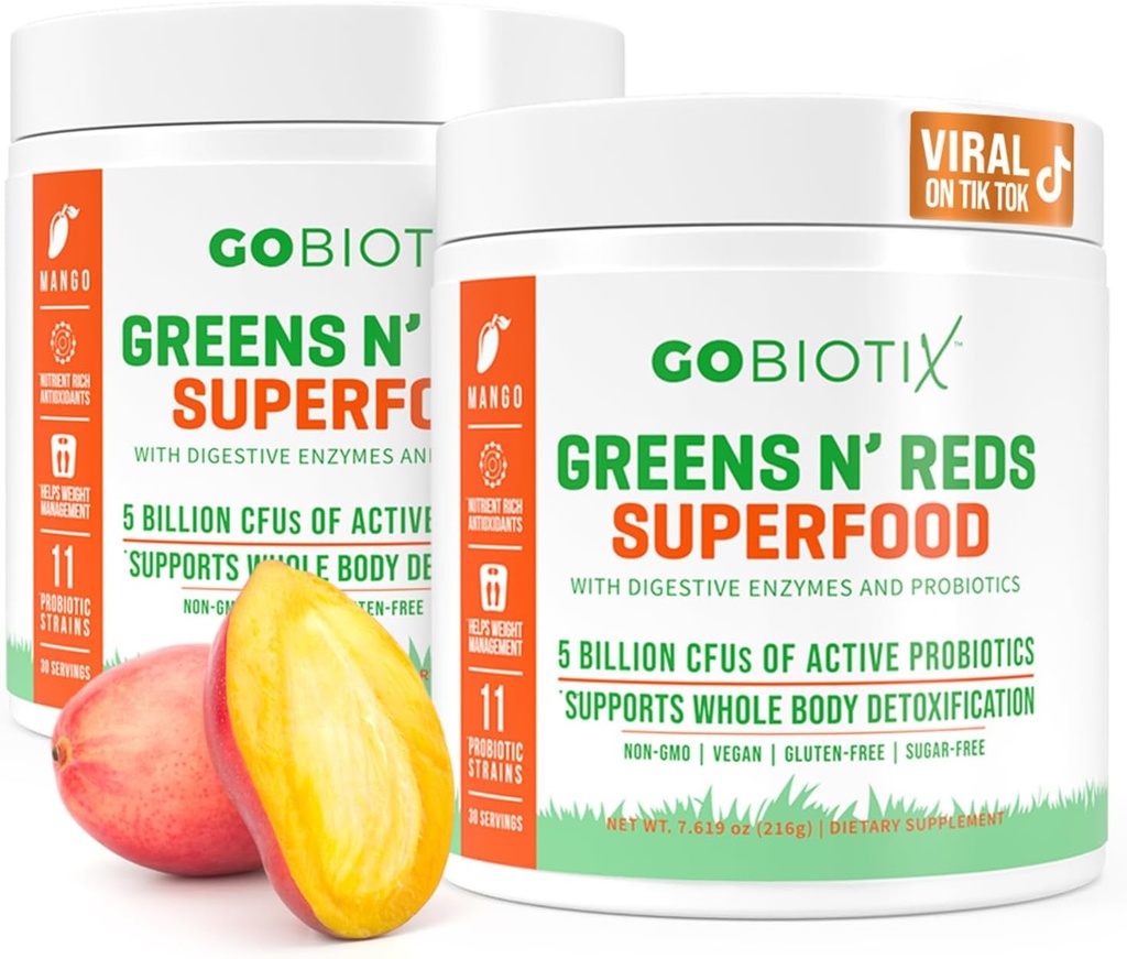 GOBIOTIX Super Greens and Reds Powder - Red and Green Superfood - Probiootiline täiendus - Seedeensüümid ja peedi juurepulber - Orgaaniline kogu toidu toidulisand (Mango, 2 Pack)