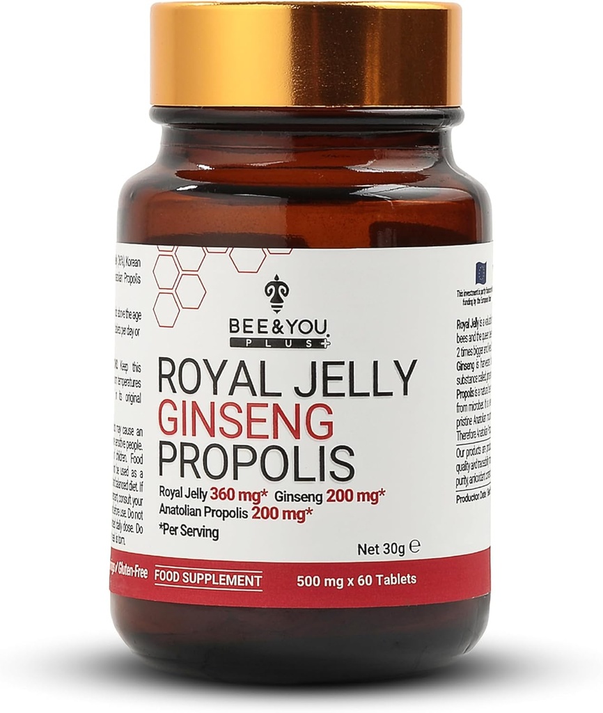 Bee and You Royal Jelly with Ginseng Tablett, Propolis Extract, 60ct, 100% looduslik superfood, Ultra Pure, Immune Support Supplement, Antioksüdandid, Keto, Paleo, Gluteenivaba
