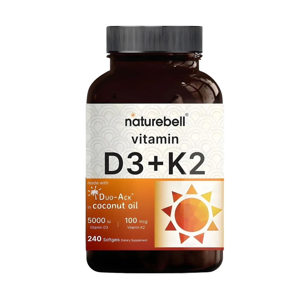 NatureBell Vitamiin D3 5000 RÜ + K2 100 mcg, 240 Softgels | Daily 2-in-1 valem Neitsi kookosõli | Luu, südame ja immuunsuse tugi | MK-7 vorm | Mitte-GMO, Gluteenivaba