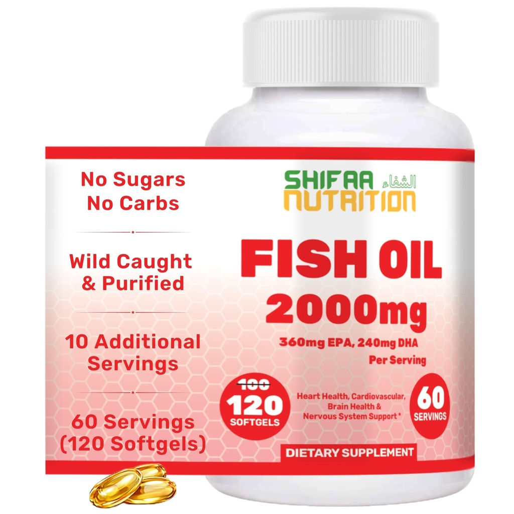SHIFAA TOITUMINE Halal Fish Oil 2000mg Softgels 360mg EPA ja 240mg DHA. 100 Wild Caught & Non-GMO Omega 3 Softgels südame ja aju tervisele. Burpless, lihtne neelata kalaõli omega 3 toidulisandit