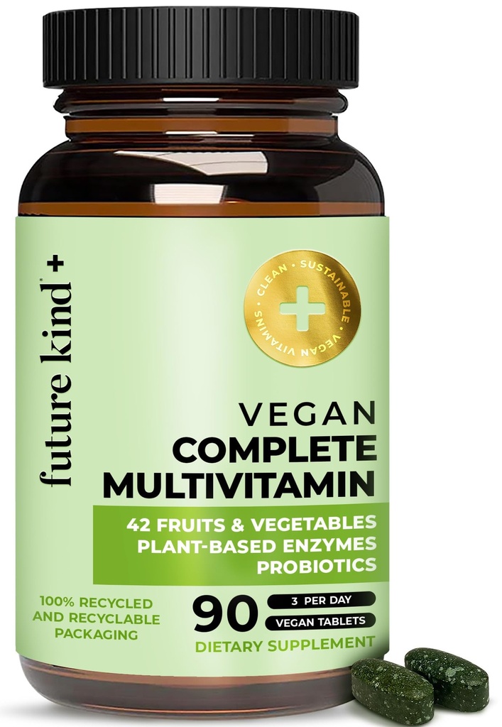 Future Kind Vegan Multivitamiinid Täielik - 42-in-1 Vegan Multivitamiinid Naistele Ja Meestele Ensüümidega, B12, Tsink Ja Probiootikumid Seedimiseks (90 tabeleid Taaskasutatud Pudelis)