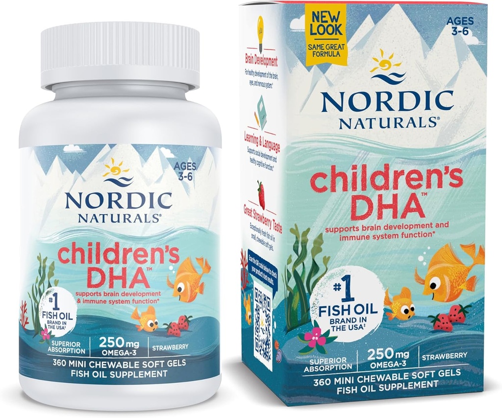 Nordic Naturals Laste DHA, Maasikas - 360 Mini närimist pehme geelid lastele - 250 mg Omega-3 EPA & DHA - Aju areng & funktsioon - Non-GMO - 90 Servings