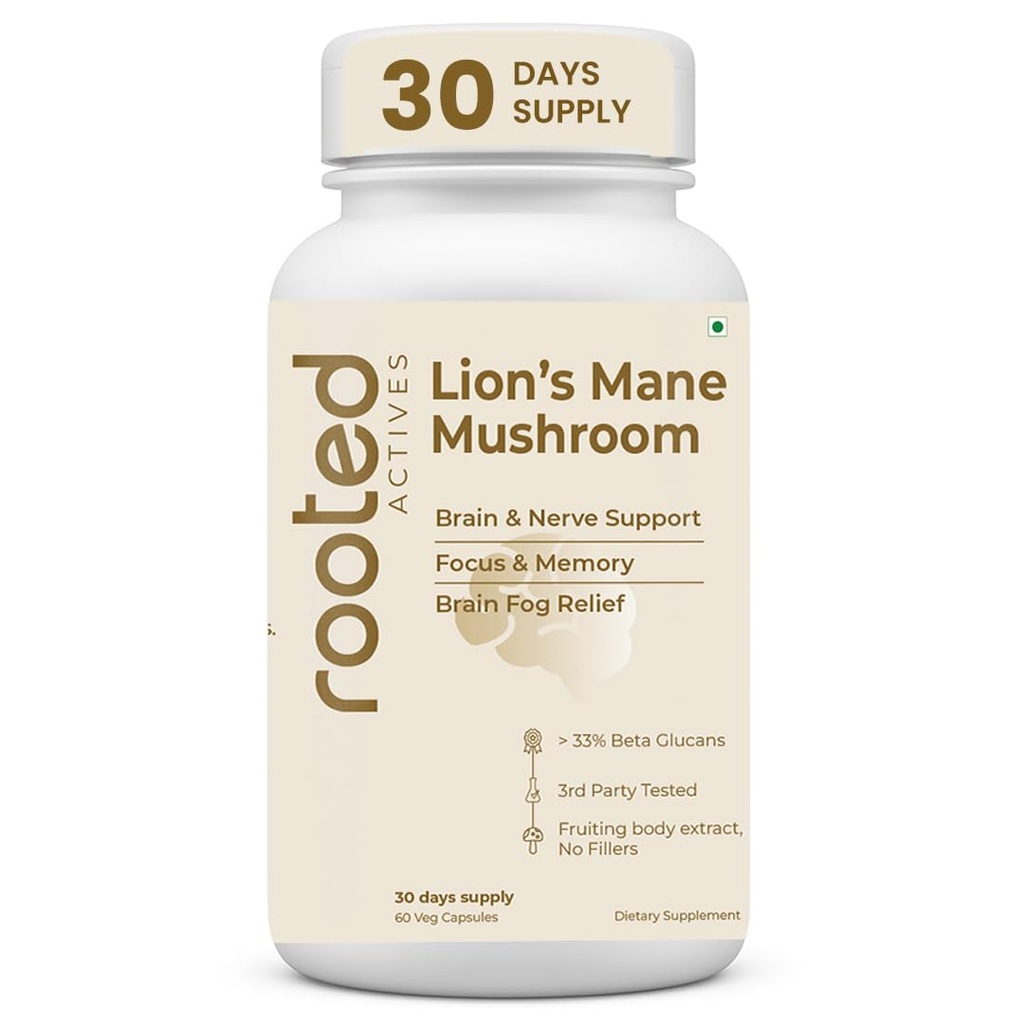 Rooted Active's Lion's Mane Mushroom for Brain Health Support - Mushroom Support for Focus & Memory Function - Immune & Nervous System Supplement | 60 Caps