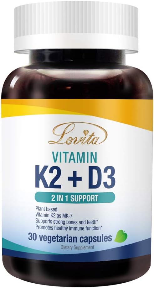 Lovita Vitamiin K2 + D3, 400 IU Vegan Vitamiin D3 & 120 mcg Vitamiin K2 (MK-7), 2 in 1 Formula, Immune Vitamiin Complex, 30 Vegetarian kapslid