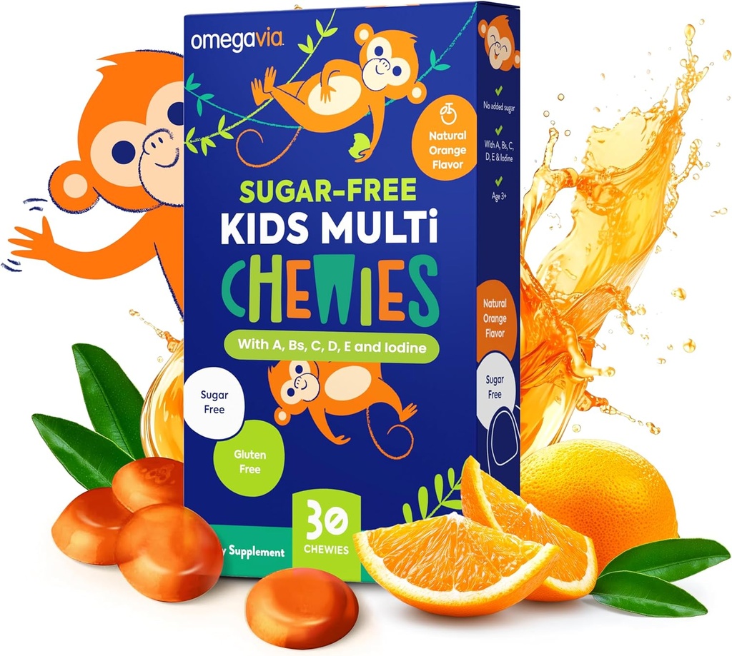 OmegaVia Sugar Free Kids Multivitamiin Chewies - Daily närimiskummi Vitamiinid lastele 3+, Vitamiin A, C, D3, E, B6 & B12, Folate & More, Natural Orange Maitse, 30 Count