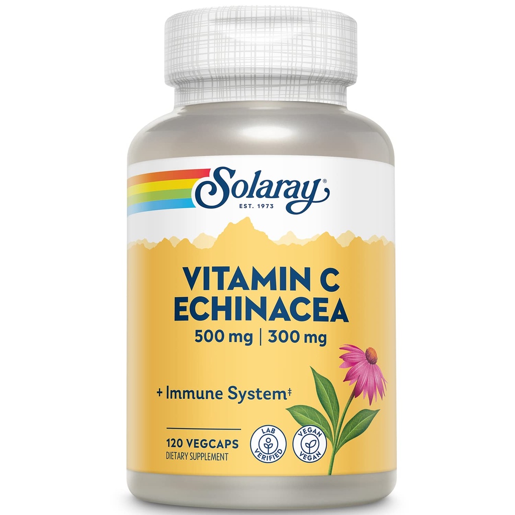 SOLARAY C-vitamiini & Echinacea juur | Tervislik immuunsüsteemi tugi w/ 500 mg VIT C & 300 mg Echinacea per Capsule | Non- GMO & Vegan | 120 VegCaps