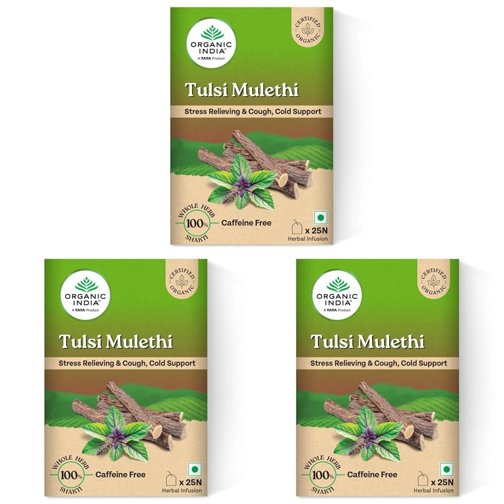 A TATA Product - Organic India Tulsi Mulethi - 25 Tea Bags, Rich in Antioxidants, Eases Cough & Cold Symptoms, Stress Relieving, Boosts Immunity, Caffeine-Free, Whole Herbs Certified Organic