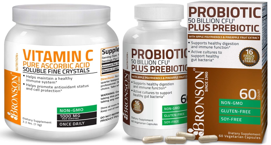 Bronson Probiootikum 50 miljardit CFU + prebiootikum koos Apple Polyphenols & Ananass Fruit Extract Vitamiin C Pulber Puhas askorbiinhape Lahustuv Fine Non GMO kristallid