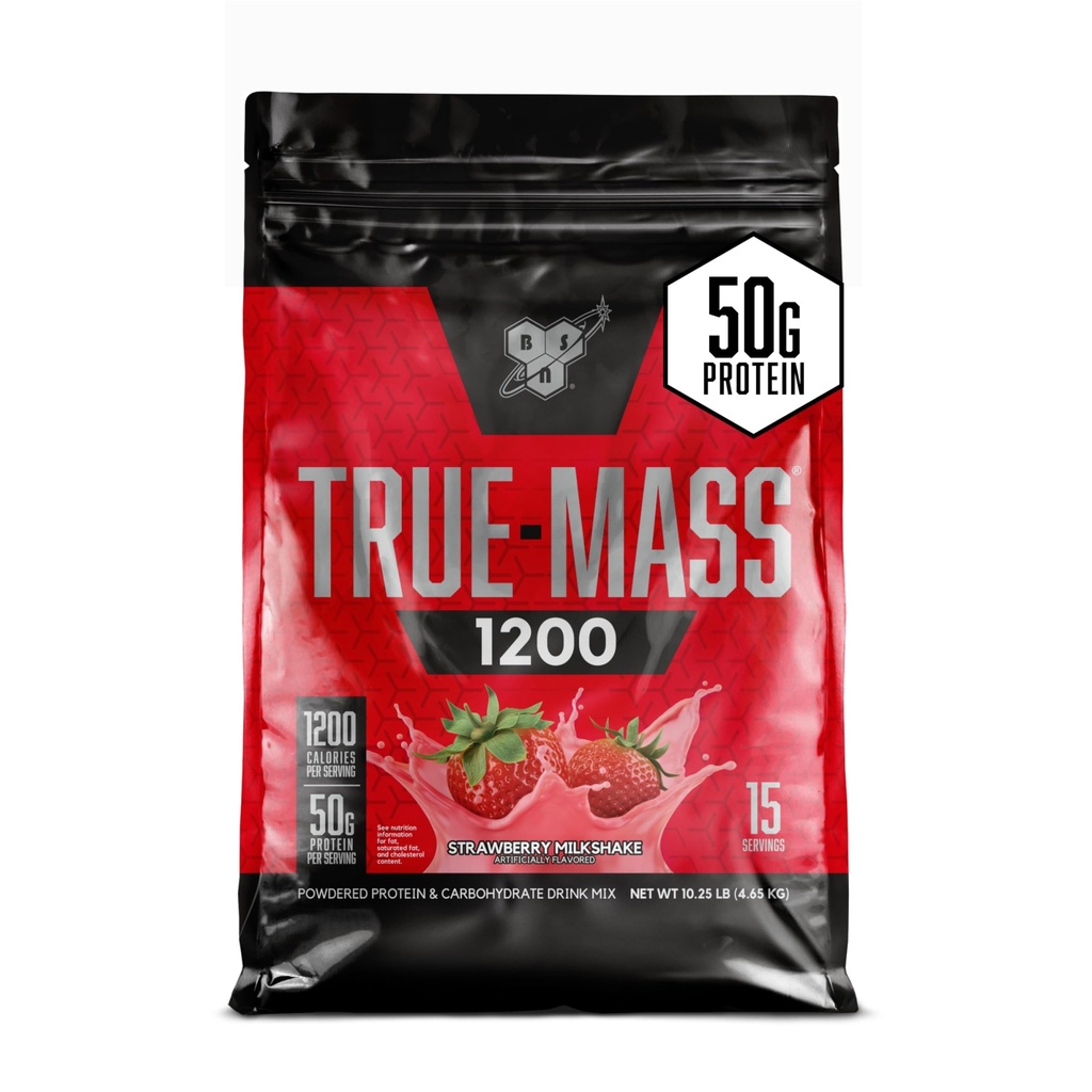 BSN TRUE-MASS Weight Gainer, Lihasmass Gainer Valgupulber, Maasika piimakokteil, 10,25 naela