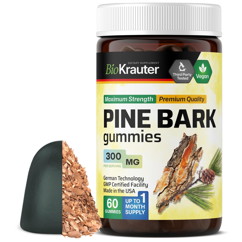 BIO KRAUTER Männikoore ekstrakt Gummies - 300 mg Tugevus - 60 Vegan närimist - Prantsuse meremännikoore ekstrakt - Antioksüdandid - 95% proantotsüanidiinid - pektiinipõhine valem