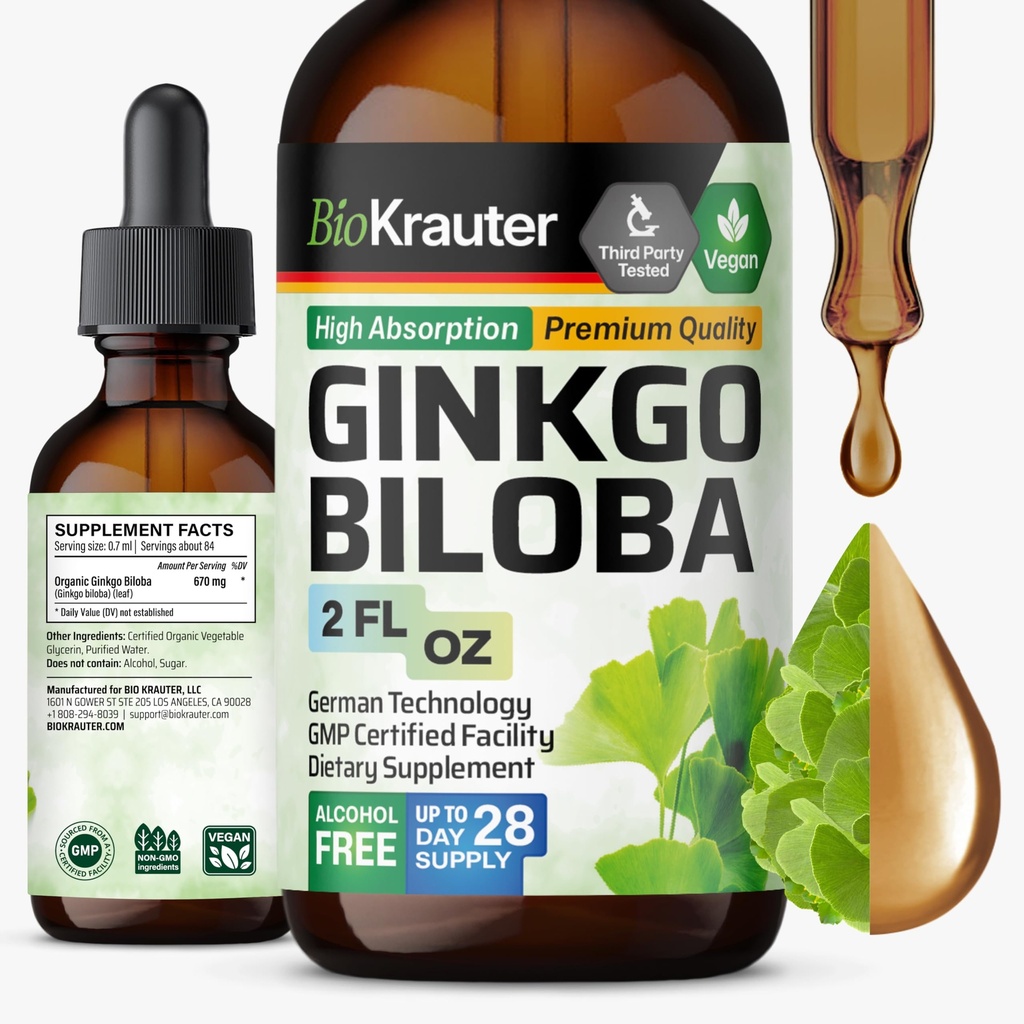 BIO KRAUTER Ginkgo Biloba ekstrakt - vedelik Ginkgo Biloba Aju toidulisandid - vegan, alkohol ja suhkur tasuta - 2 Fl Oz