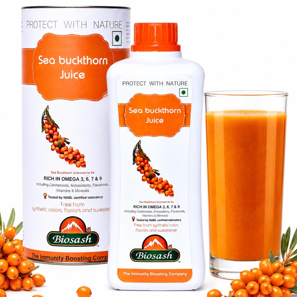 Biosash Himalayan Sea Buckthorn Pulp Concentrate 750ml | Cold-Pressed | Natural Vitamin C, Rich in Omega 3, 6, 7, 9 |Antioxidants | Immunity |Skin Glow | Gut Health Support | Herbal SeaBuckthorn Juice | Makes 150 Glasses | No Added Sugar | Organic Himalayan Berries Certified