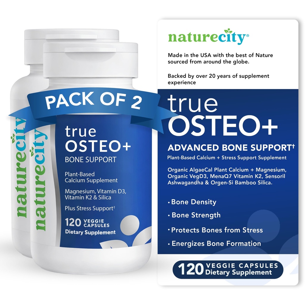 NatureCity True-Osteo + luude tugi koos Ashwagandhaga - tugevuseks ja tiheduseks - taimepõhine kaltsium orgaanilise vetikaga, magneesium, D3-vitamiin, K2, räni ja stressi tugi | 240 Veggie kapslit