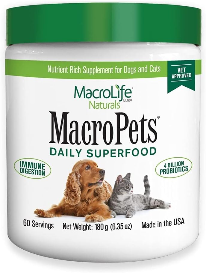 MacroLife Naturals MacroPets Greens Superfood Supplement Powder Topper for Dog Cat Small Imetaja, Natural Nutrition Boost Probiootikumid Seedeensüümid E-vitamiin - Immuunsoole tervis & energia - 6,35oz